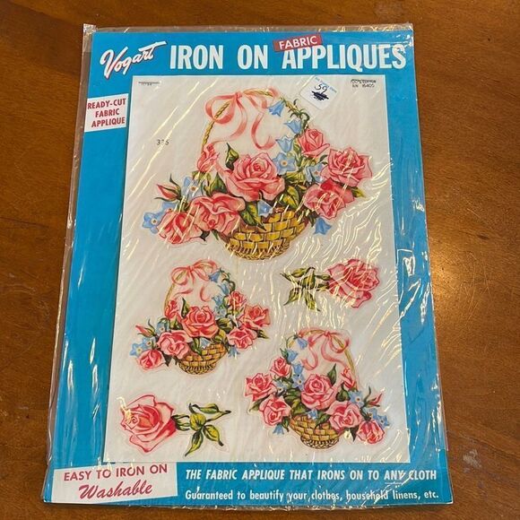Vtg 1953 new in packaging Vogart iron on appliqués pink roses floral baskets - Picture 1 of 6